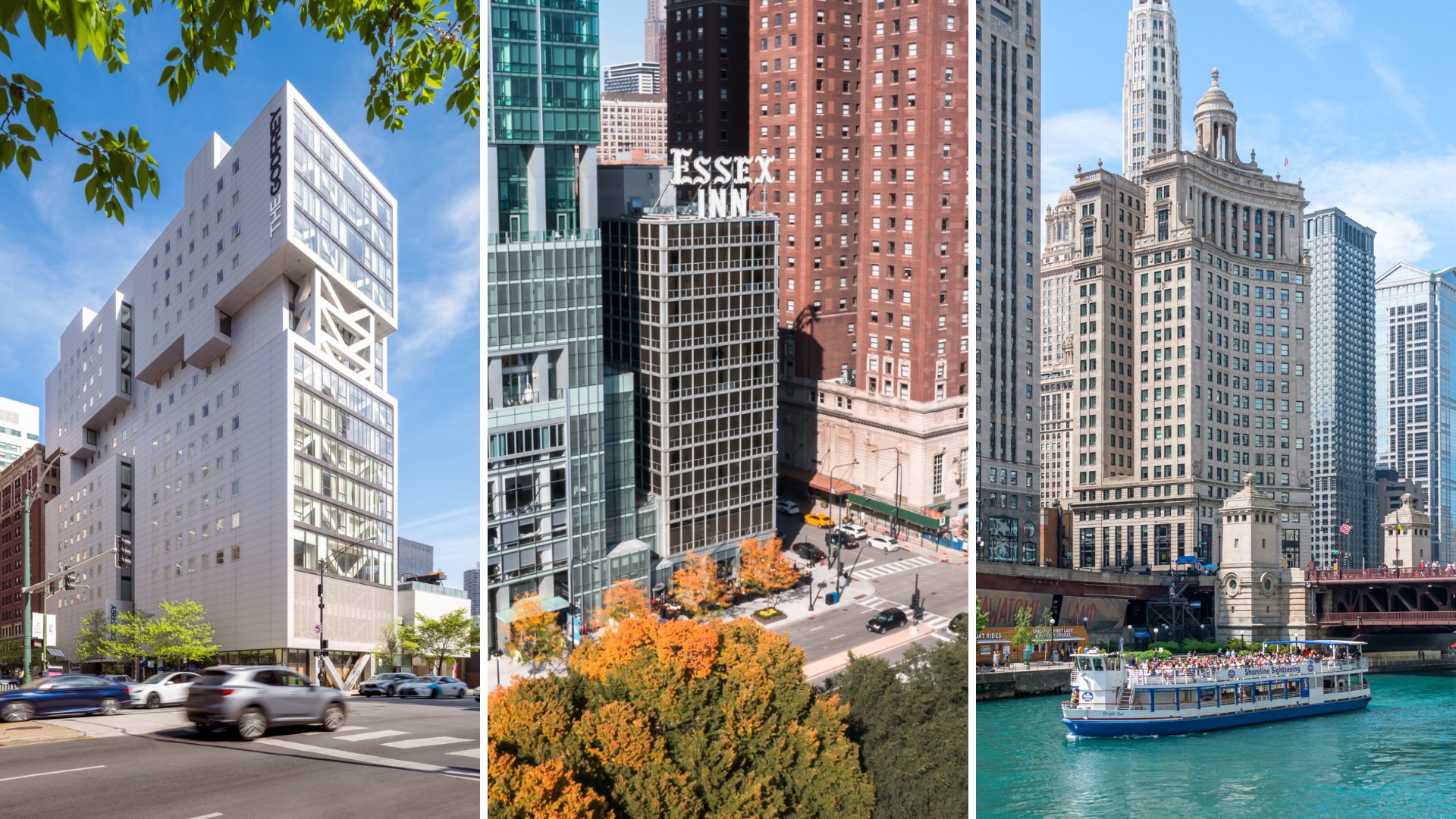 Collage of three Oxford Hotels in Chicago. Left: The Godfrey Hotel Chicago, a striking modern white building with bold geometric architecture under a bright blue sky. Center: The historic Essex Inn sign perched above the glass tower next to a classic brick high-rise, framed by autumn trees below. Right: LondonHouse Chicago overlooking the Chicago River, with its stately beaux-arts architecture and a tour boat cruising past the Michigan Avenue bridge.